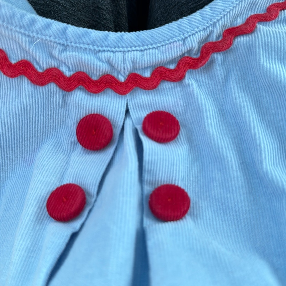 Darling Bella Bliss Dress blue fine wale corduroy red buttons & bric a brac trim